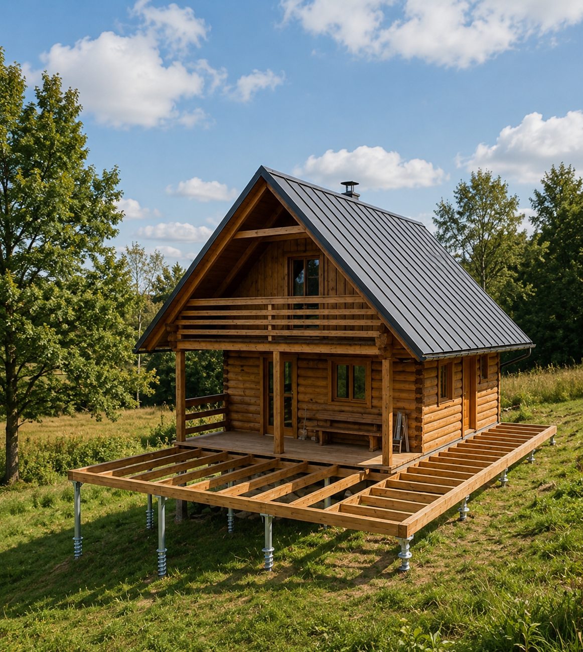 Dřevěná chata s terasou na zemních vrutech